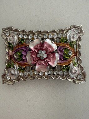 Vintage 80s Floral Rhinestone Belt Buckle Coquette Girly Accessory
